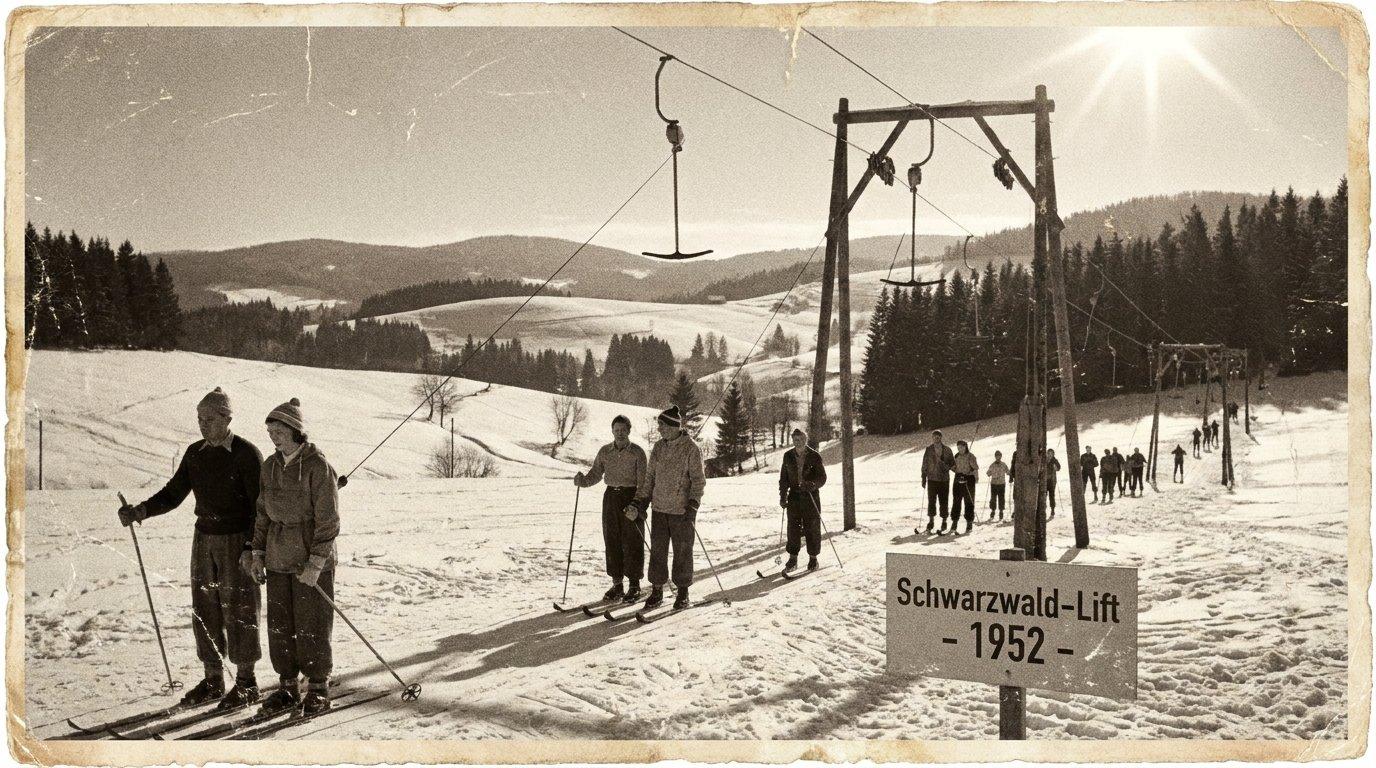 Schlepplift im Schwarzwald, 1952. Beginn des Skibooms am Feldberg